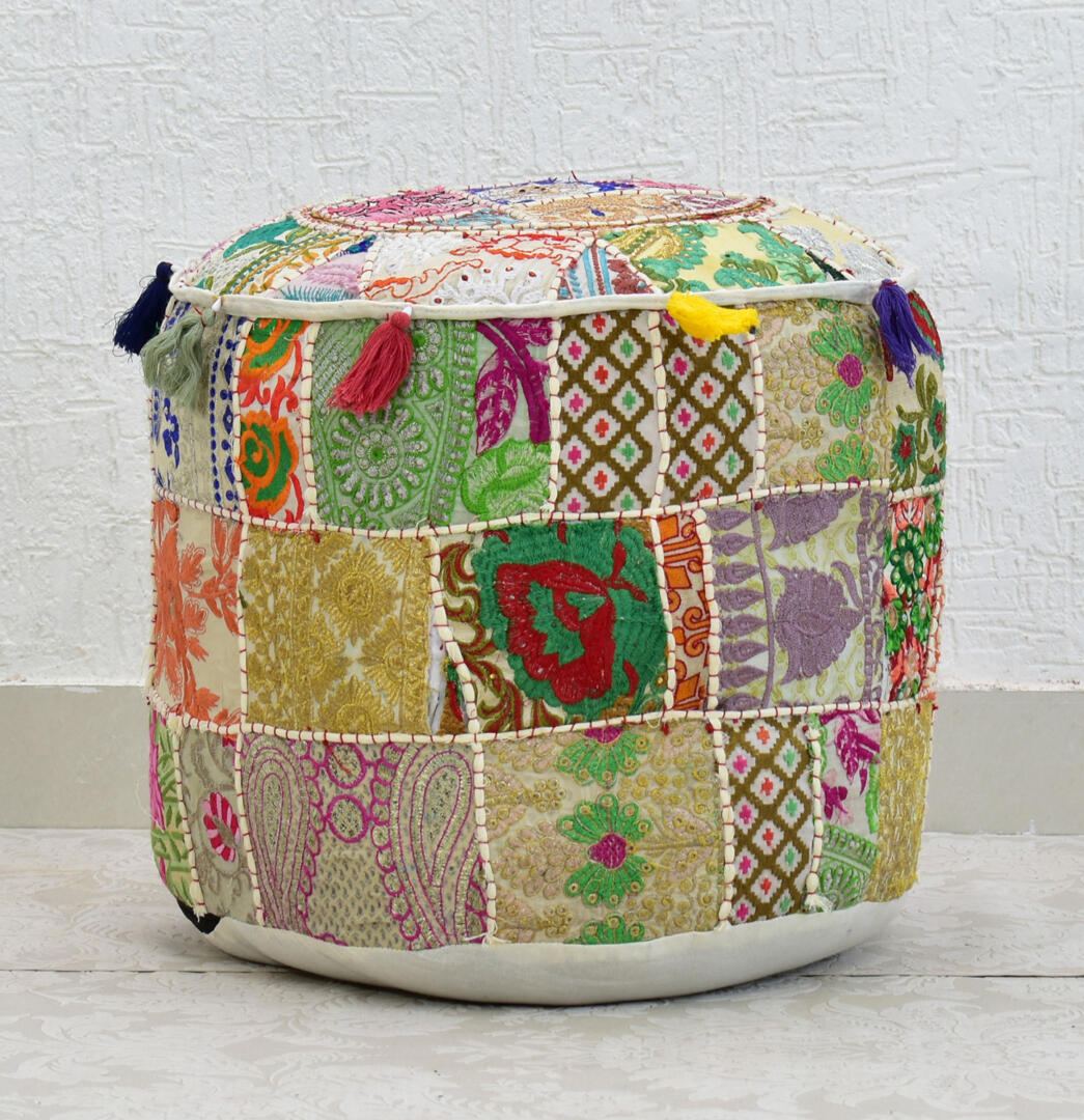 Cotton Gwen Pouffe/Ottoman Khambadiya Patchwork - White - Image 4